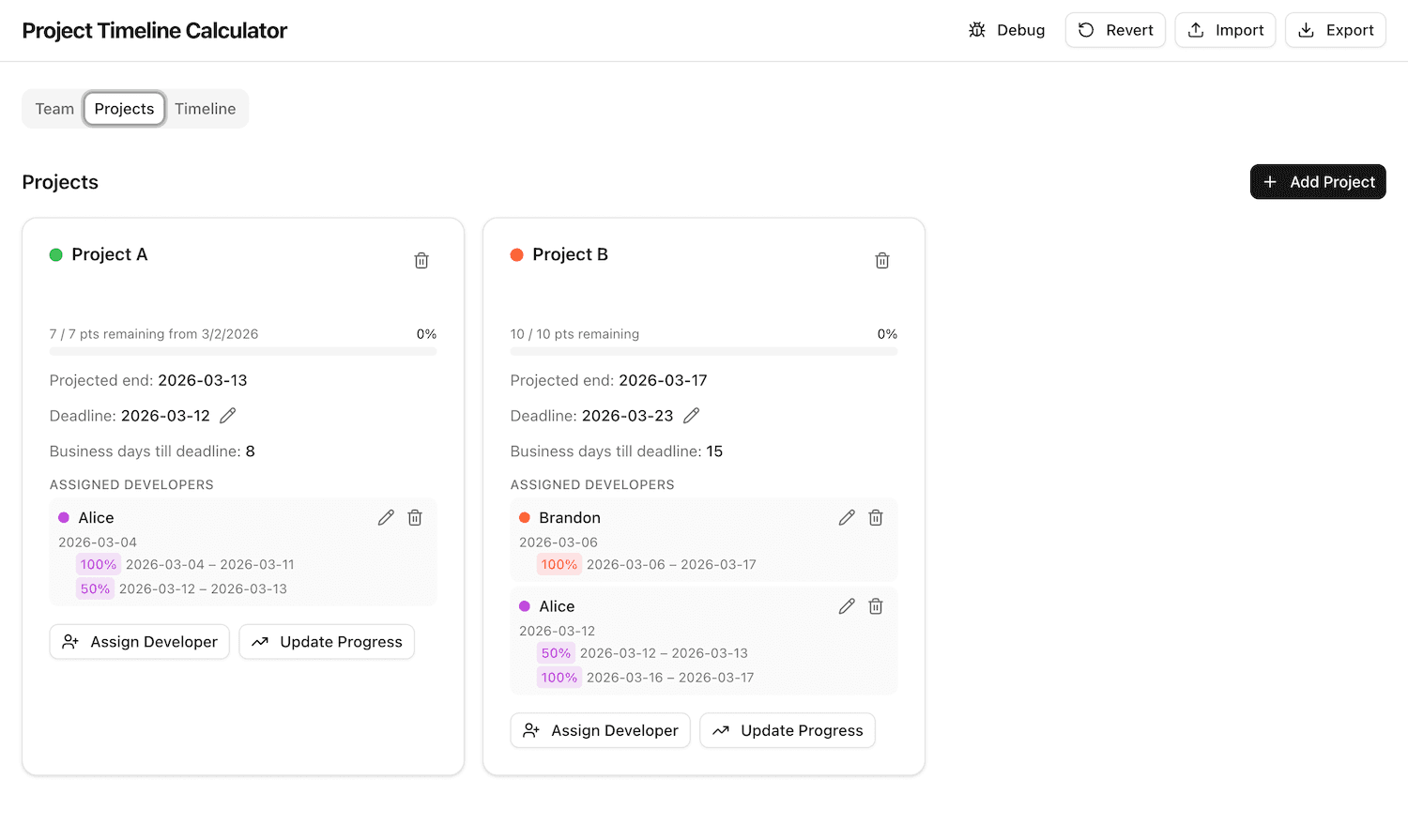 Project list screenshot